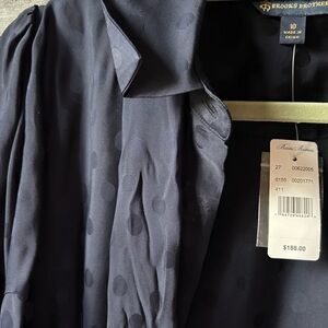 Brooks Brothers silk georgette navy polka dot blouse with pussybow neck